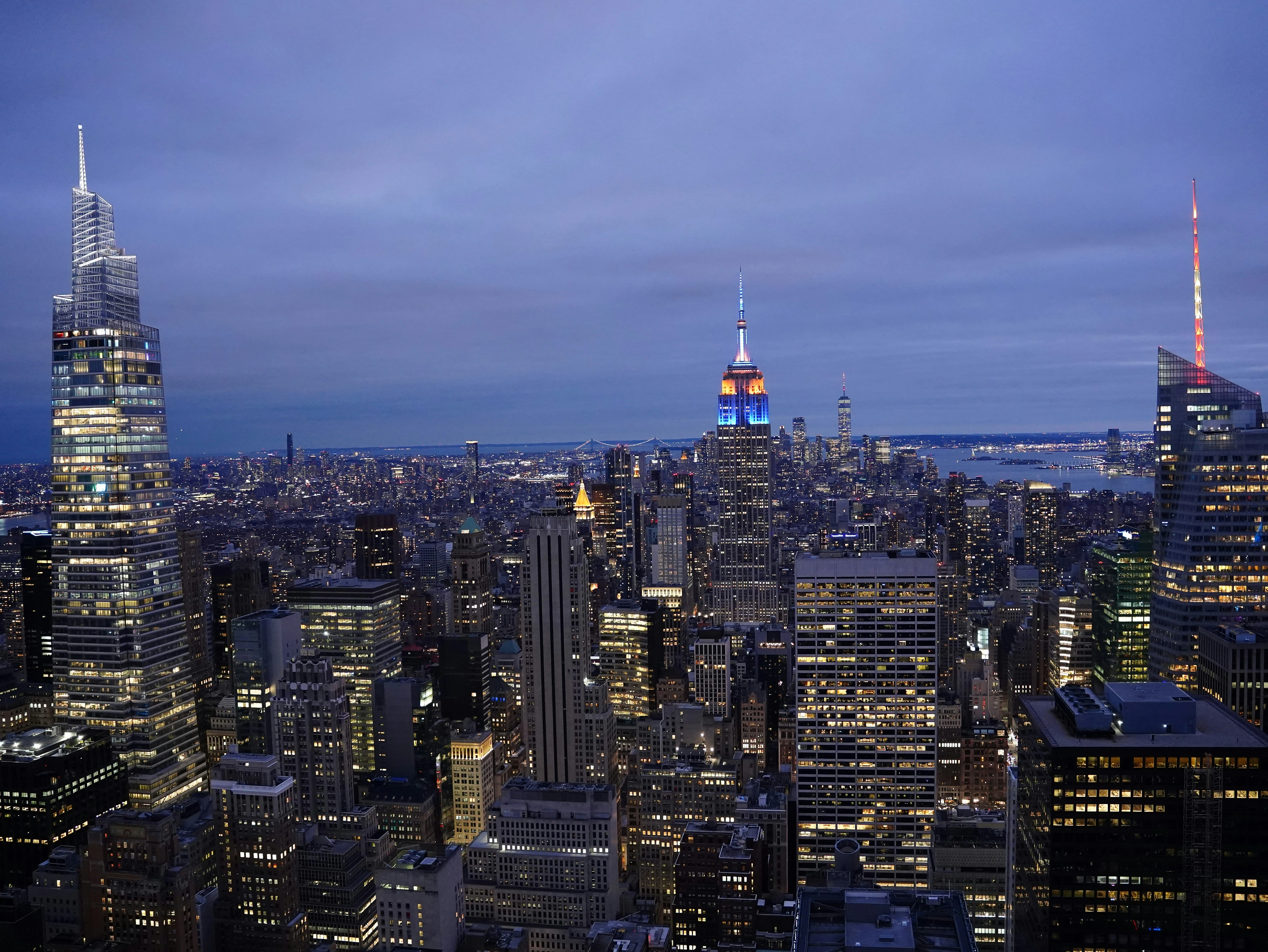 Top of the Rock at Dusk — NYC skyline viewed from Rockefeller Plaza, photographed by Bobby Stef